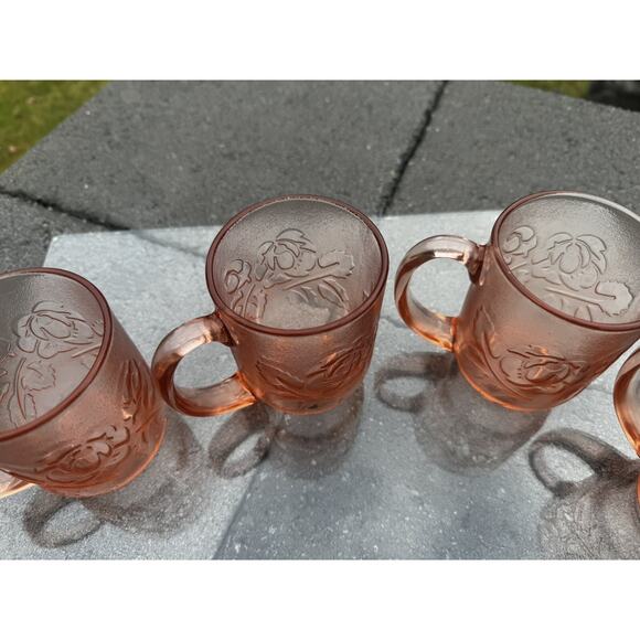 Vintage Arcoroc France Rosaline 8 Oz Pink Glass Rose Coffee Mugs ~set Of 4 - Picture 5 of 14
